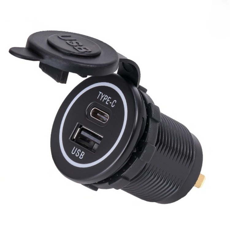 1 - USB- en USB-C 12V-aansluiting voor autocamper, blauw verlicht met deksel